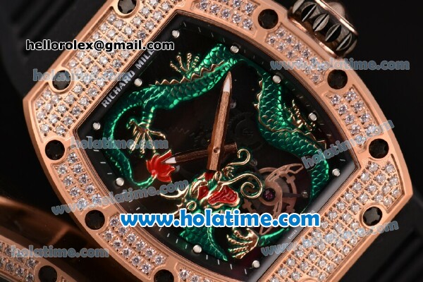 Richard Mille Tourbillon RM 057 Dragon Swiss ETA 2824 Automatic Rose Gold&Diamonds Case with Black Rubber Strap and Green Dragon Dial - Click Image to Close